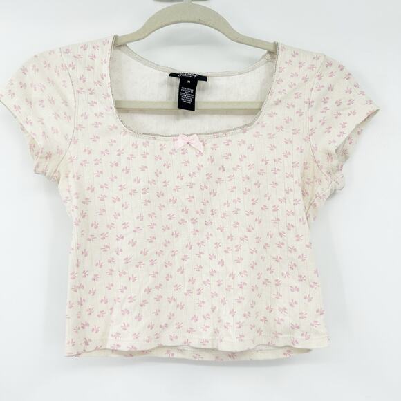 Just Polly Womens Coquette Square Neck Bow Print Baby Tee Crop Top Size M Pink‎ - Picture 1 of 4